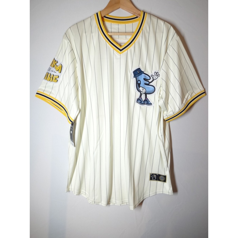 Ethika Baseball Jersey Mens L Off-White Pinstripe Embroidered Familie Streetwear